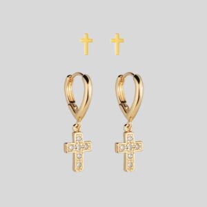 Brinco Cruz Pendurada Cravejada + Brinco Cruz Segundo Furo / Semijoia / MF Joias - Imagem 1